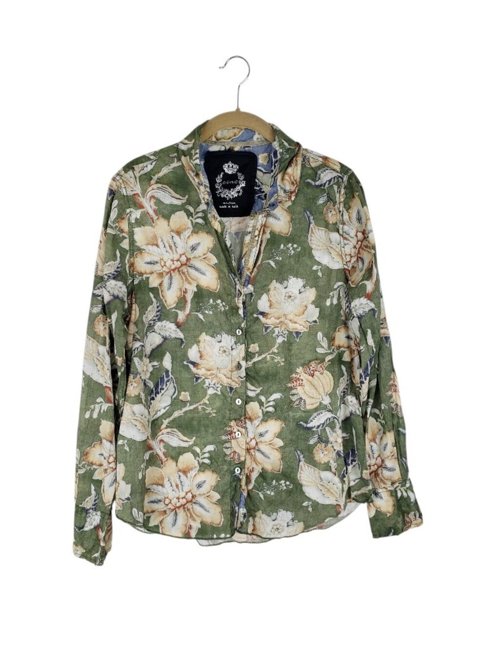Cino Flora Tarragon Button Down Shirt Crinkle Cotton Voile Floral Print Womens M